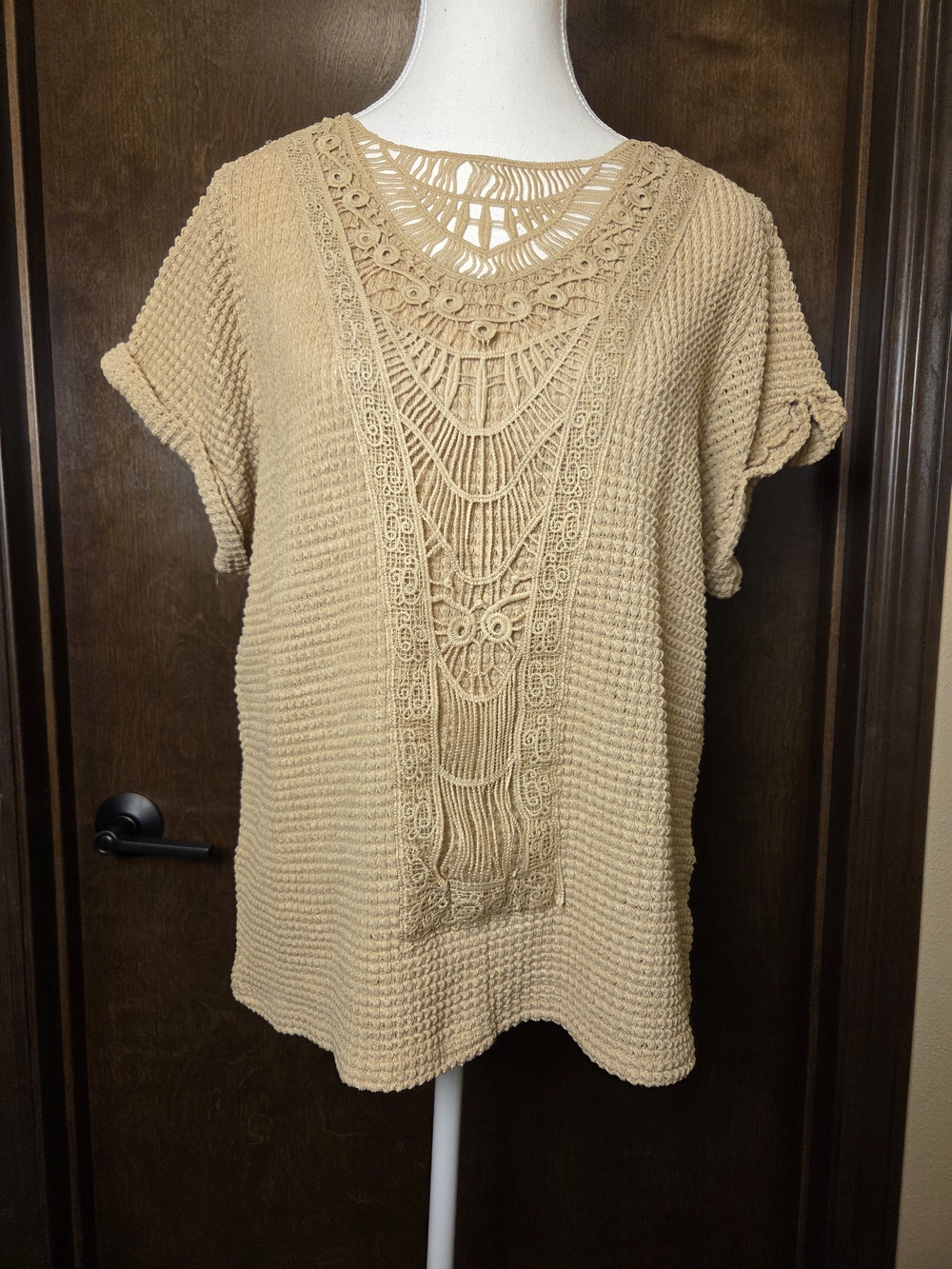 Woven Crochet Front Short Sleeve   Top - Beige - Picture 2 of 9